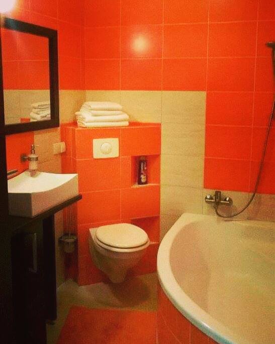 big bathtub with shower