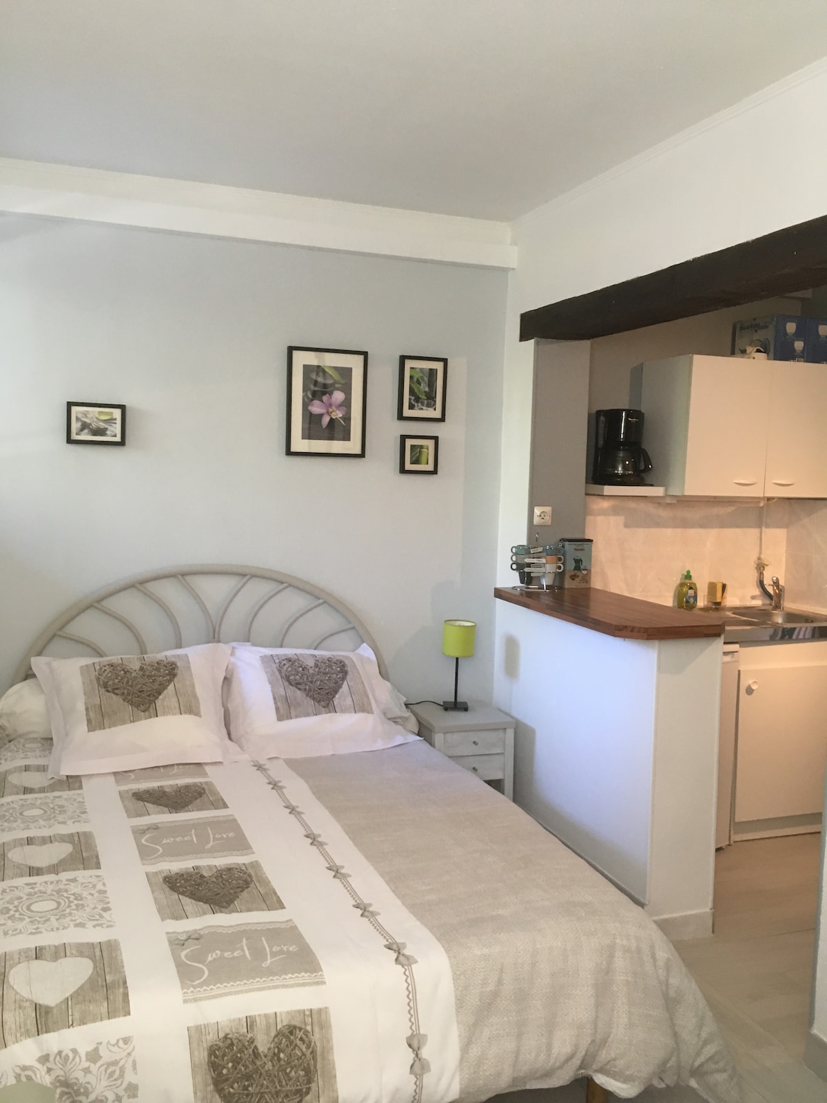 A cozy sleeping area features a double bed with decorative pillows, complemented by framed artwork on the gray walls. A kitchenette is visible in the background, equipped with essential appliances, and a small bedside table is positioned beside the bed.