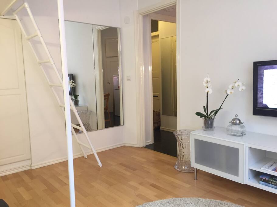Kodikas parvi kahdelle ylhäällä. Olohuonetila ja työpöytä alhaalla. A comfortable loftbed for two upstairs and a workingarea and livingroom downstairs.