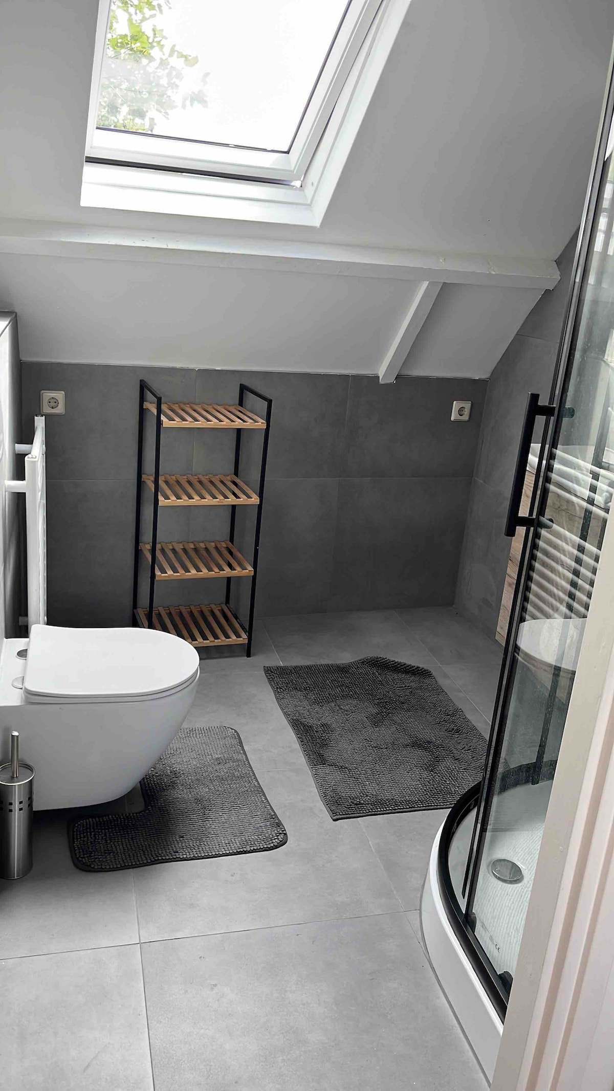 A modern bathroom features a glass shower enclosure, a sleek toilet, and a wooden shelf with five open compartments. Soft grey mats are placed on the tiled floor, while natural light enters through a skylight above.