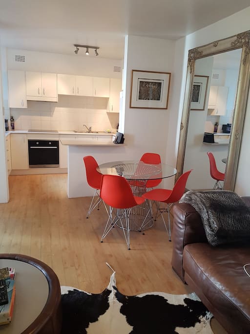 Stylish furniture, comfy leather couch. 40 inch TV with Netflix. Well equipped kitchen with new oven and stovetop