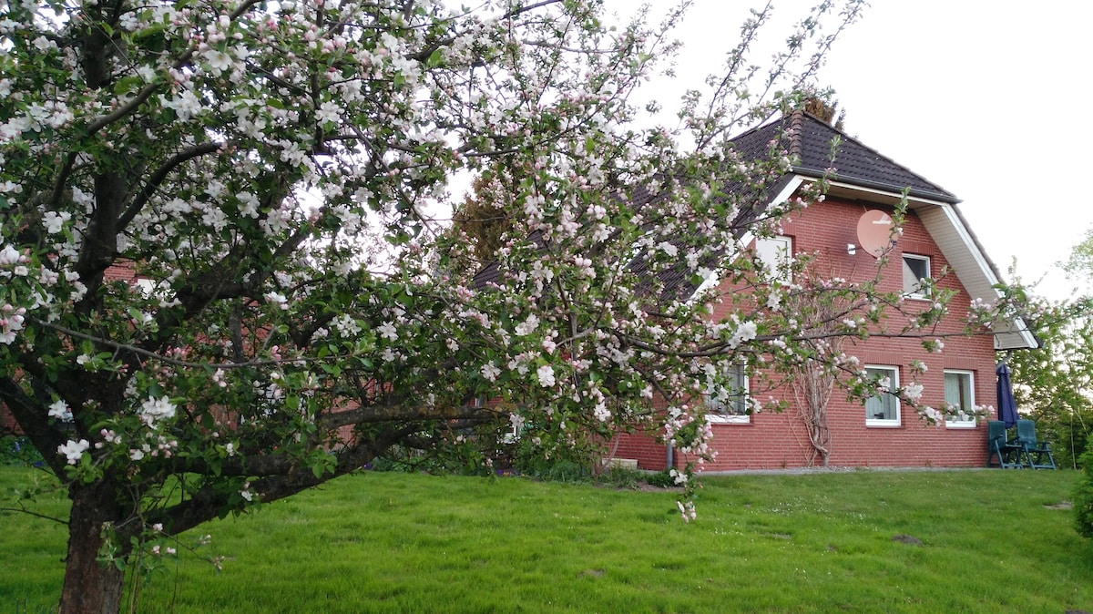 A brick house is shown surrounded by lush green grass and a flowering apple tree. The house features multiple windows and a sloped roof, while outdoor seating is visible next to the building. The scene conveys a serene, natural setting.