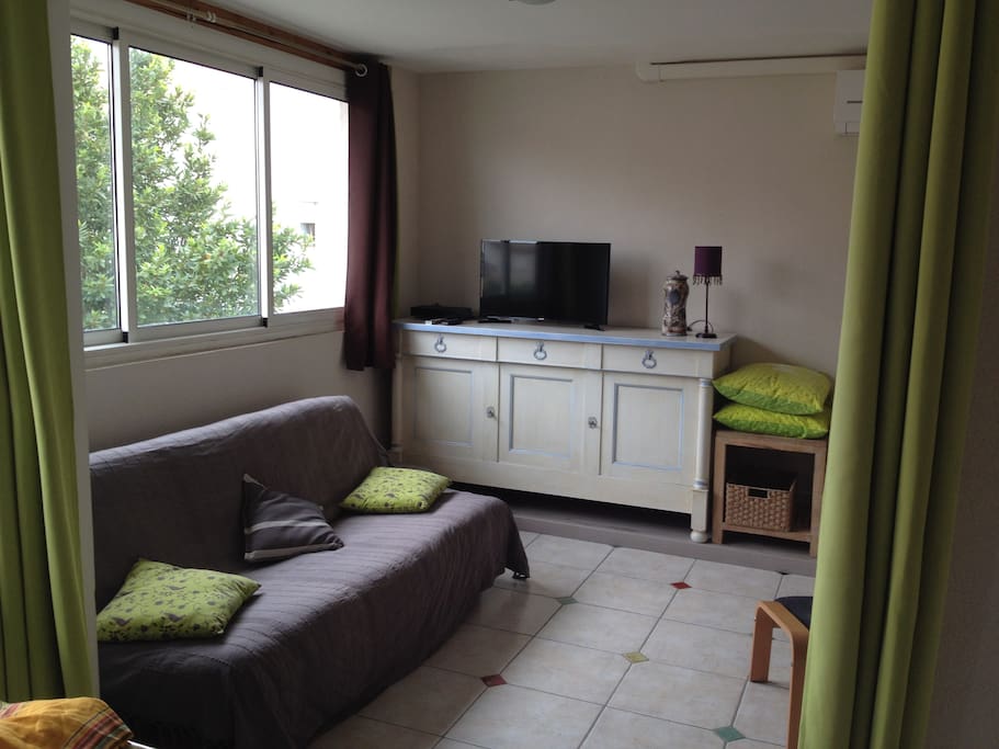 Petit salon avec couchage confortable et rideaux occultants et avec TV écran plat.