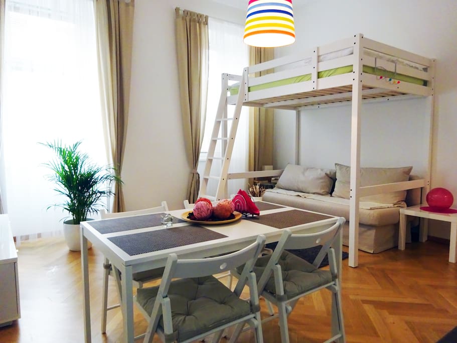 bunk bed, for 2 persons, pull out sofa for 2 persons, dining table