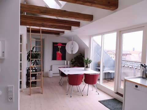 Apartment with large roof terrace and private parking