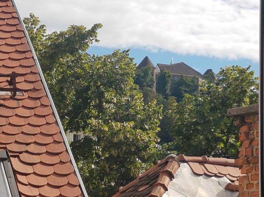"Perfect location in city center" - by Joacim. View of Ljubljana Castle from the dining area
