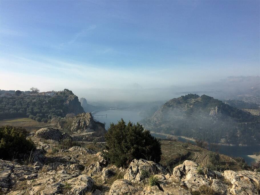 View from the end of the garden over Lake Portillo, on a misty January morning
