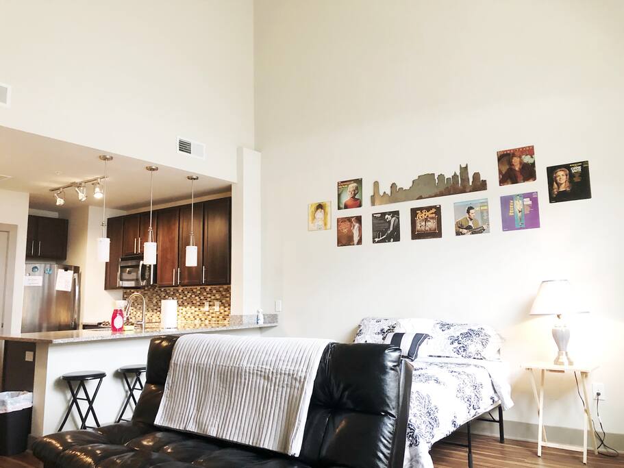 Downstairs of loft!! Queen bed and sleeper sofa That’s a couch and folds it into a bed. They are very comfy!