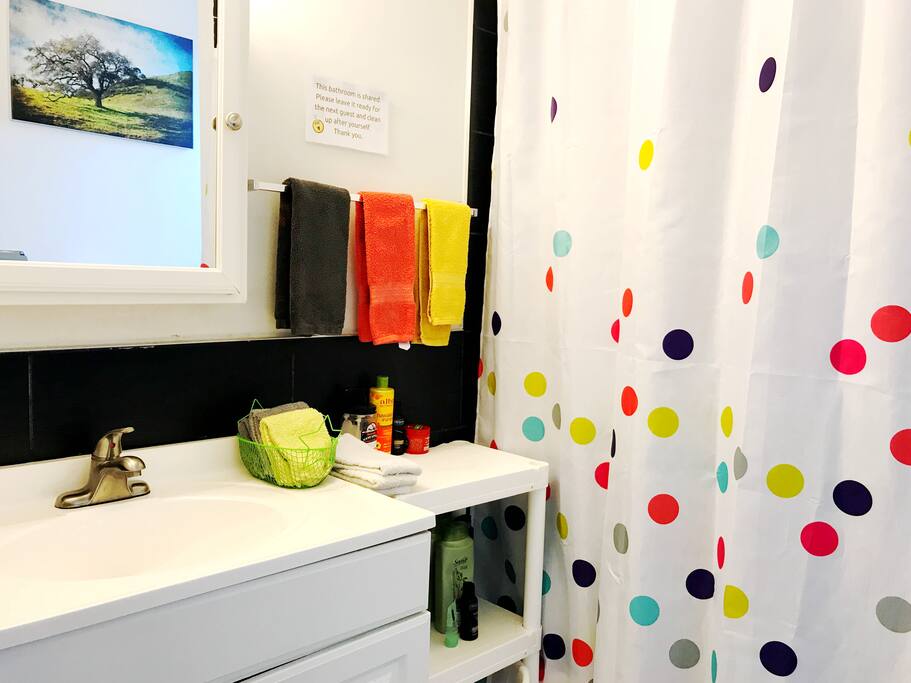 There are two full baths. Both are shared. This is the closest one to your room.