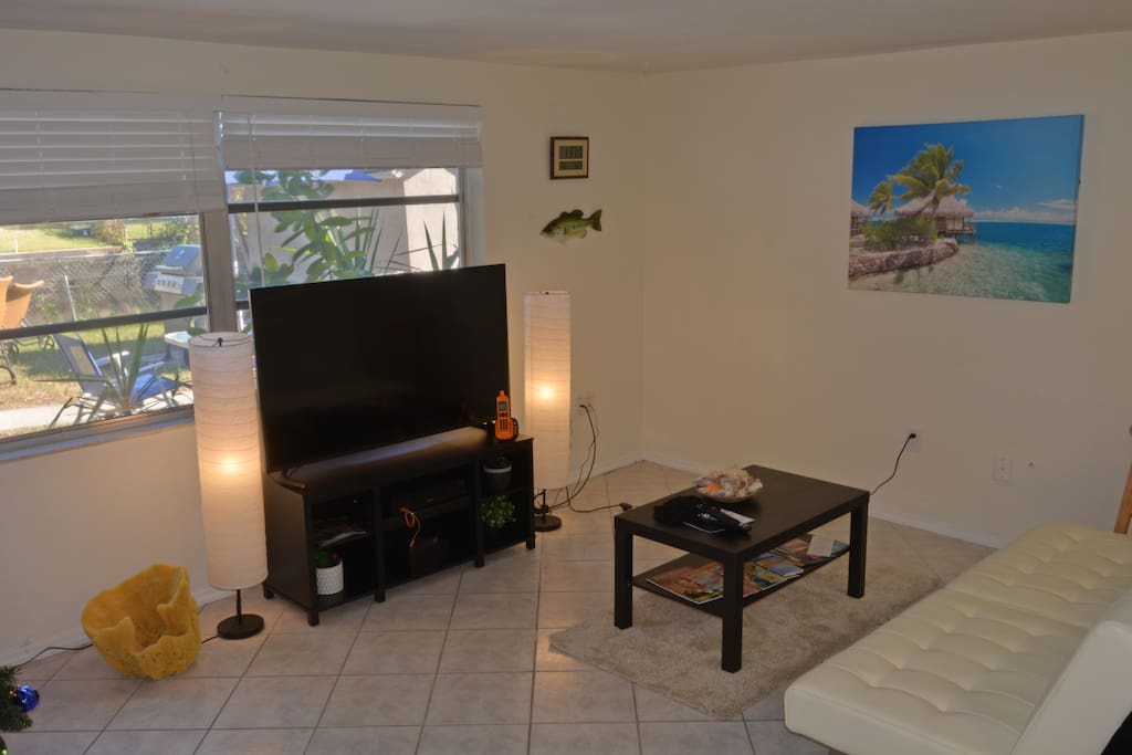 Back part of the living room with a cable/internet TV with a comfy futon