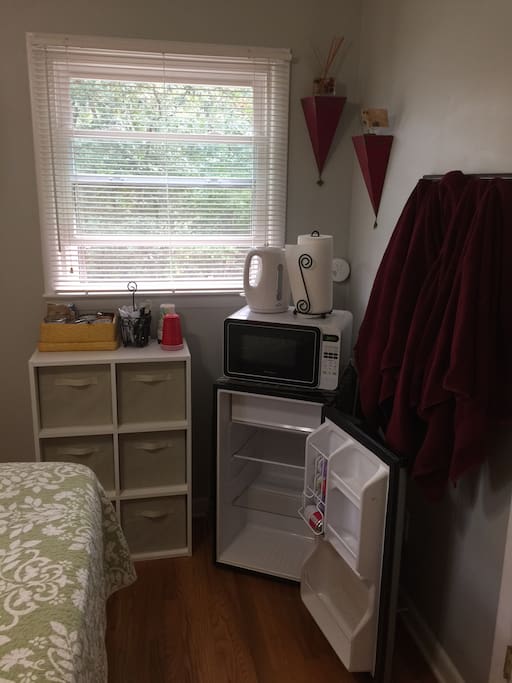 Your room comes with a microwave, kettle, mini-fridge, and some small snacks to tide you over in case you get peckish.