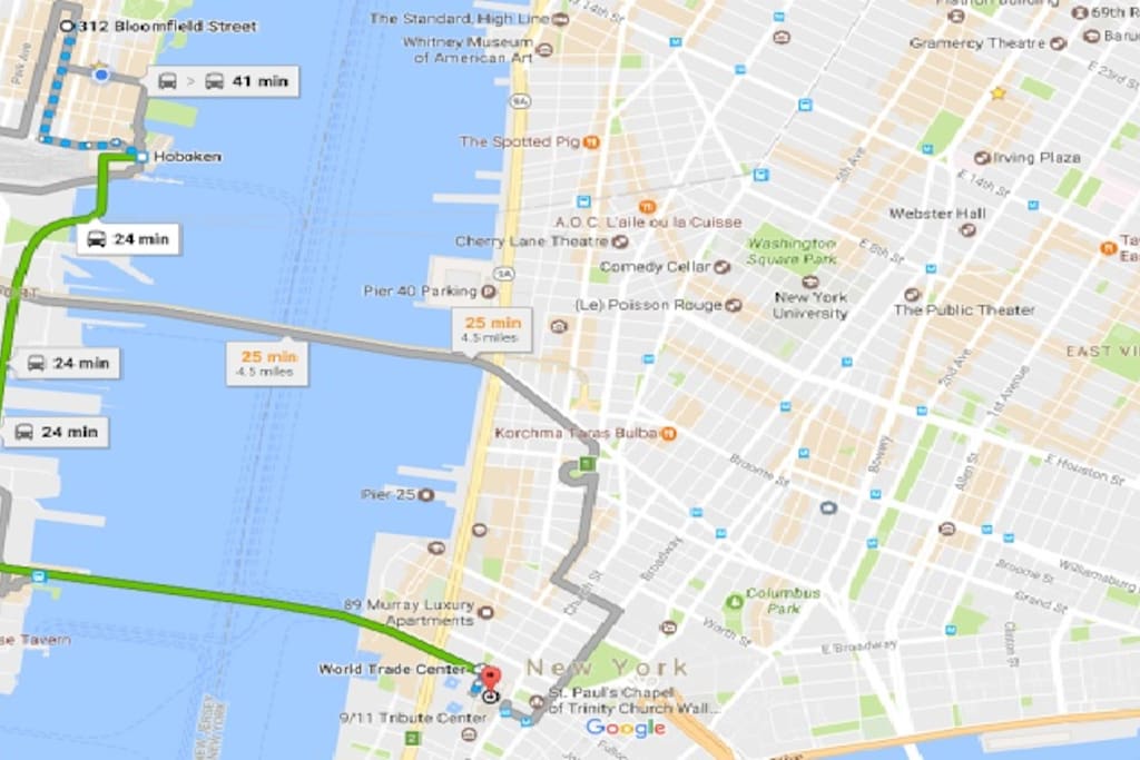 It takes 24 minutes door-to-door to World Trade Center and 30 minutes to Empire State Building