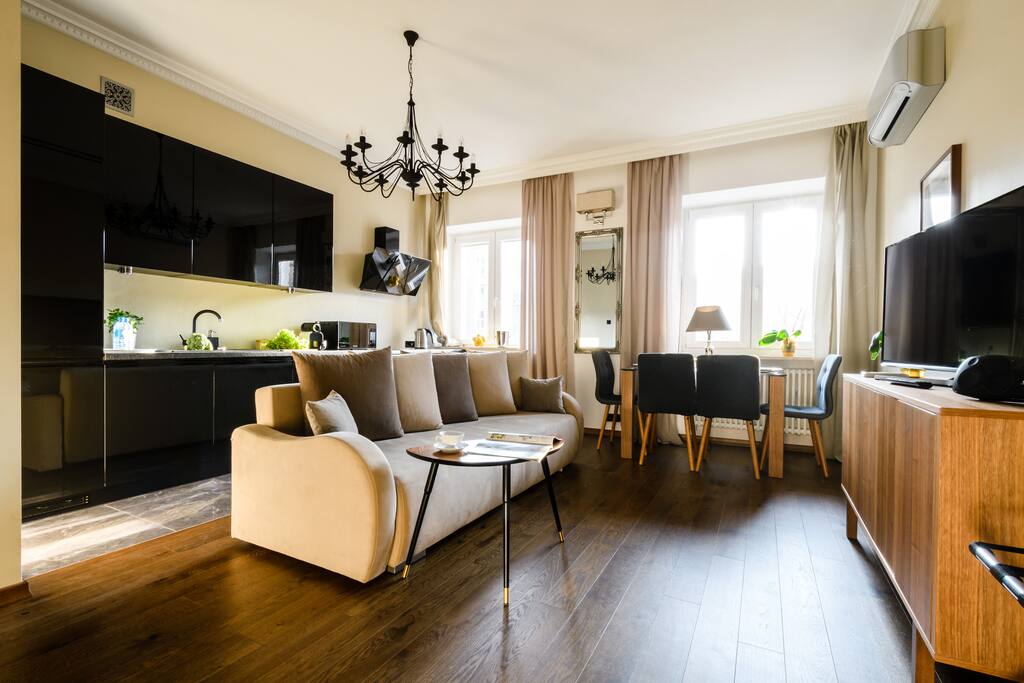Livingroom with a comfortable sofa bed. Central location with windows facing a quiet backyard
