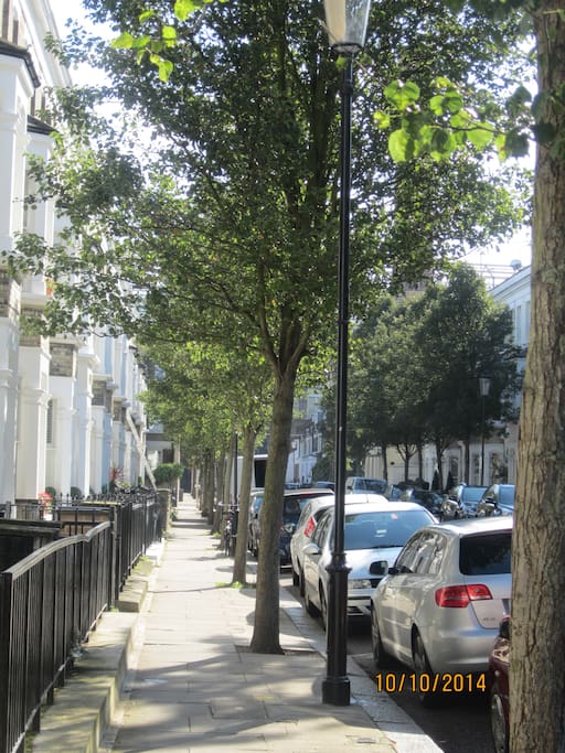 typical Central London terrace. white stucco houses but this has very green tall trees that give a lovely green view even from my windows..