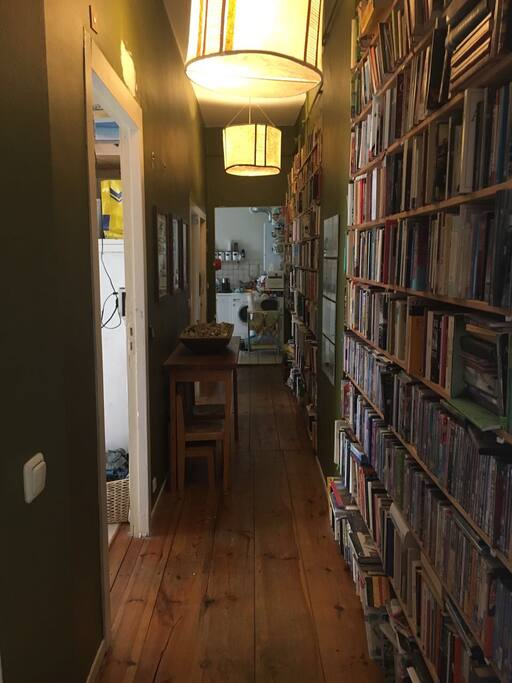 This is the hallway. The shelves have two rows of books, English and German, which you are welcome to read if you put them back.