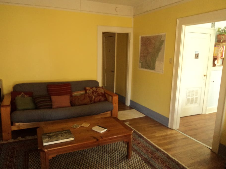 Futon and coffee table in the communal living room