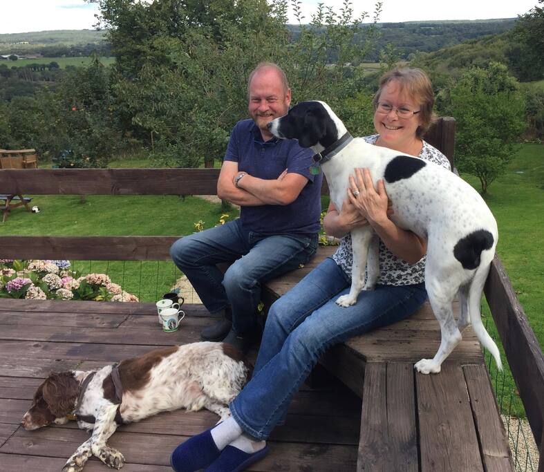 The owners Liz and Ian, dogs Dodger and Mac