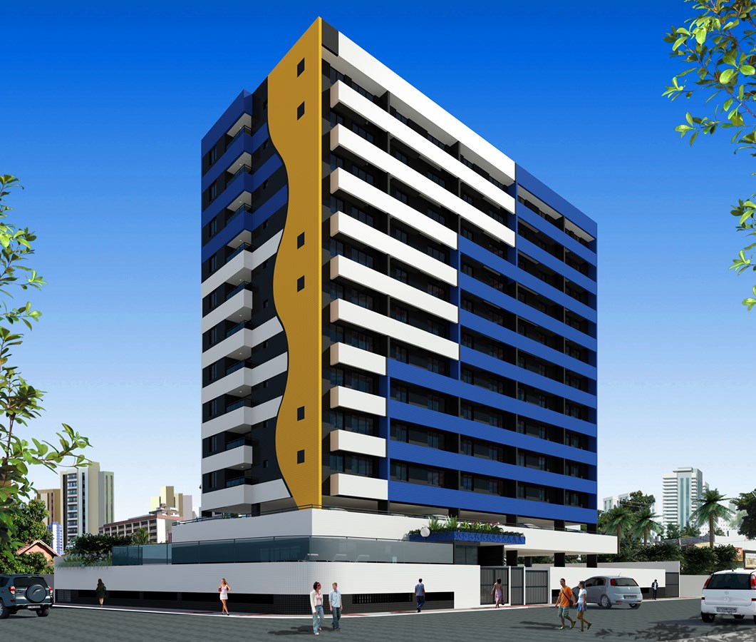 The modern building features a striking blue and yellow exterior design, showcasing a multi-story structure with an array of balconies. Surrounding greenery adds a touch of nature, while the entrance is marked by a welcoming façade that indicates residential access.