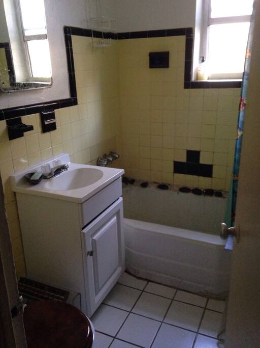 Small but neat bathroom and shower.