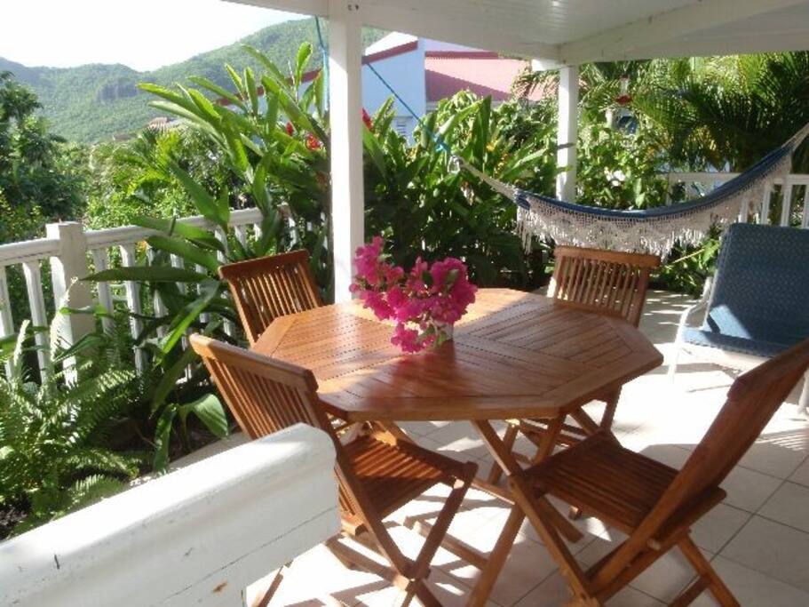 Jolie Terrasse avec fleurs tropicaux