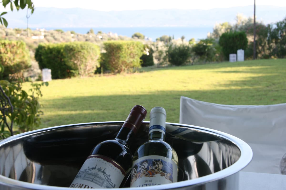 Two bottles of wine, one red and one white, are placed in a silver ice bucket. In the background, a lush green lawn extends toward a scenic view of the sea and rolling hills under a clear sky.