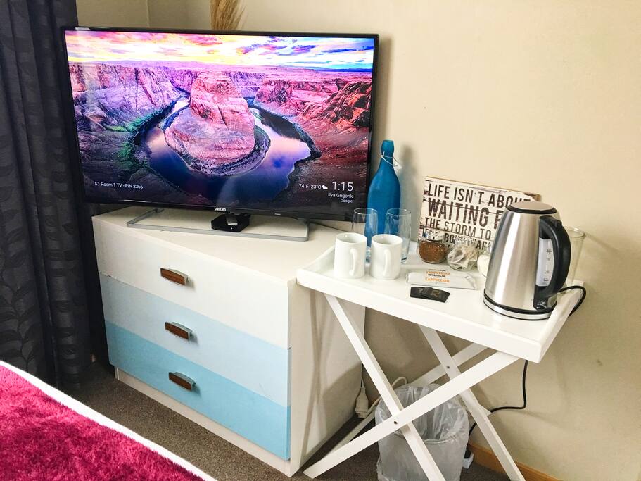 Large TV with chrome cast.