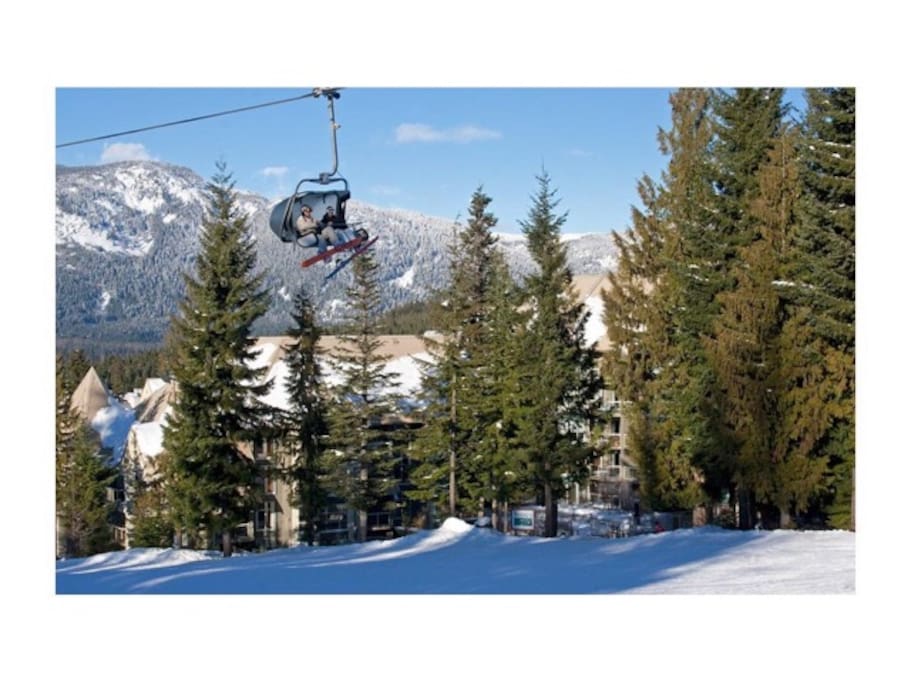 Skiing right out the door past the pool