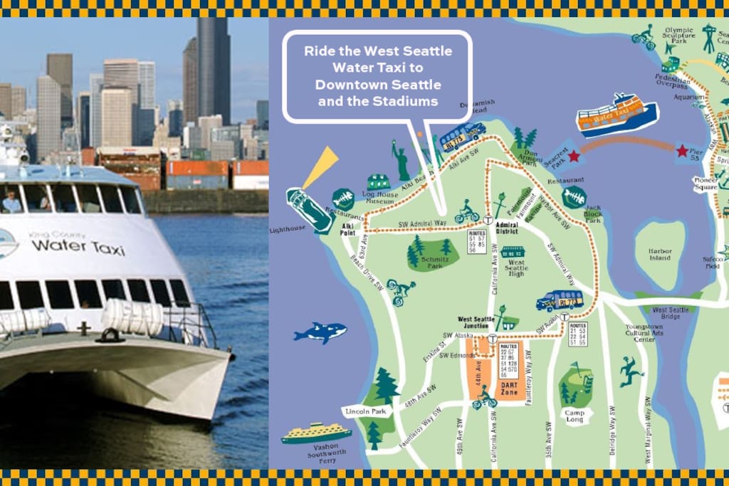 Ride the West Seattle Water Taxi to Downtown and the Stadiums. Free shuttle picks up on Admiral Way. Taxi runs 7 days a week April-October, weekdays only November-March.