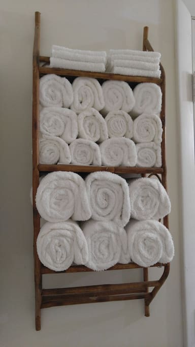 Lots of fresh towels, hand towels and washcloths in shared bathroom attached to king bedroom. I have just enough for your room and the display. Please don't take any home or you will be charged. Lol