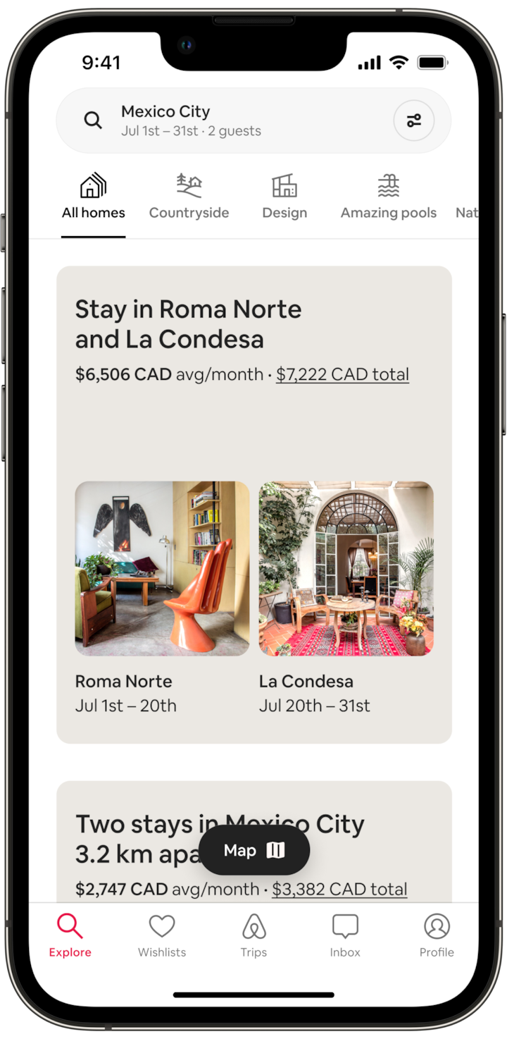 The screen of a cell phone shows a Split Stay. The screen says “Stay in Roma Norte and La Condesa,” the price of the trip, and images of two bright, colourful—but different—patio spaces in Mexico City. Below there is a button labelled “Map.”