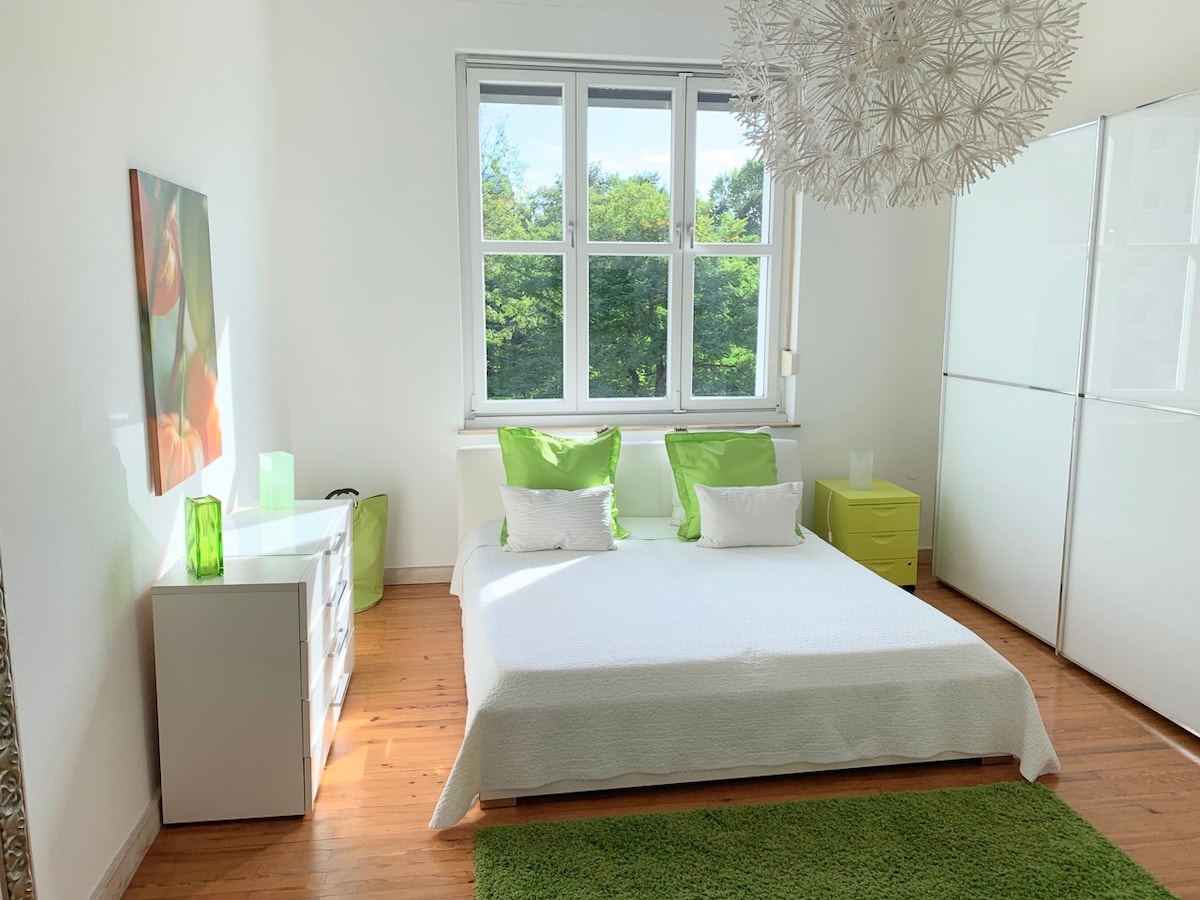 Dormitorio espacioso con cama doble de 180 x 200 cm, armario grande, vestidor y espejo de pared

Dormitorio espacioso con cama tamaño king de 180 x 200 cm, armario grande, cómoda y espejo de pared
Otro dormitorio con vista
