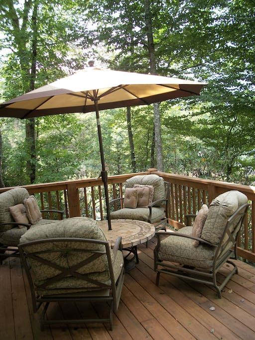 View from the back deck in the summer with tree shade