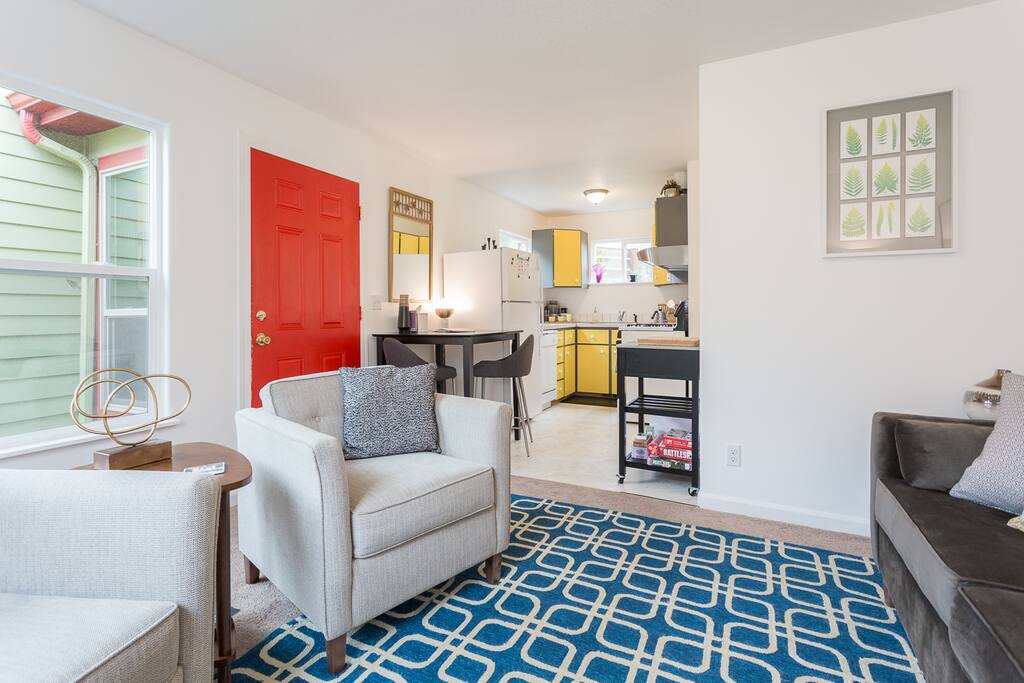 Living room meets kitchen.