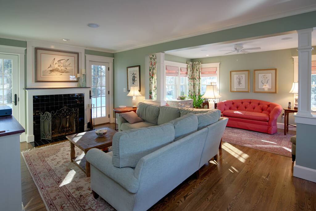 Living Room with Large Sectional, TV and Fireplace