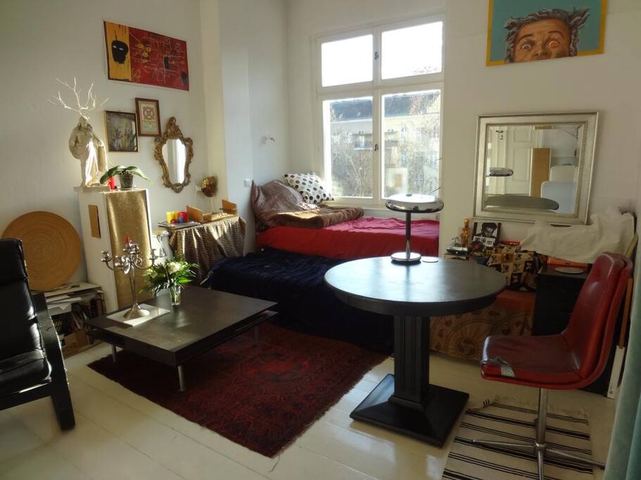 The sleeping places in this room are 2 mattresses close by the window as you can see on the photo which gives a comfortable sleeping feeling. meanwhile I replace the round table on the photo with a bigger working table.