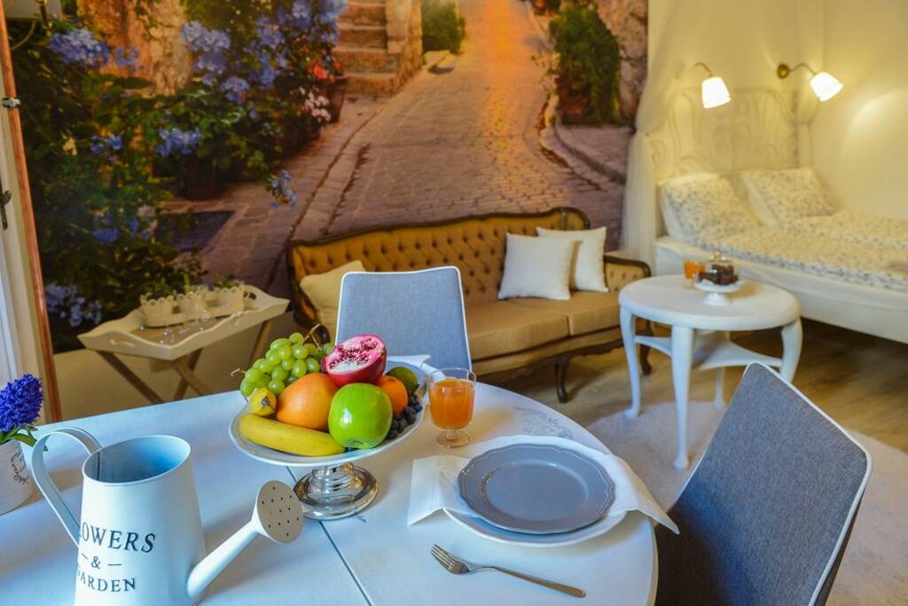 There is a dining nook in the apt comfy for 2 persons
