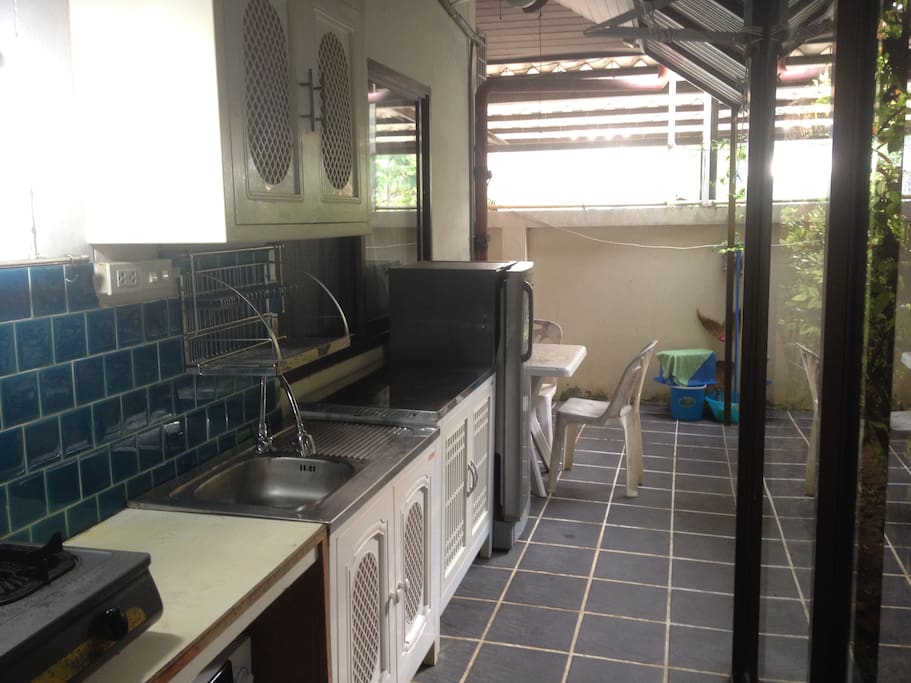 the shared outdoor kitchens; usually, everybody go to the restaurant here in Thailand, also long term stay guests,
or they just use the fridge, electric induction cooktop, kettle, toaster, plates, glasses, cups and cutlery inside your 2 rooms.