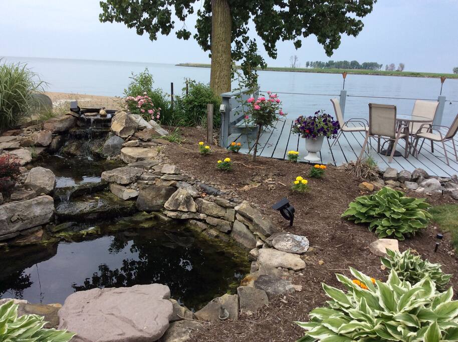 fish pond and deck area