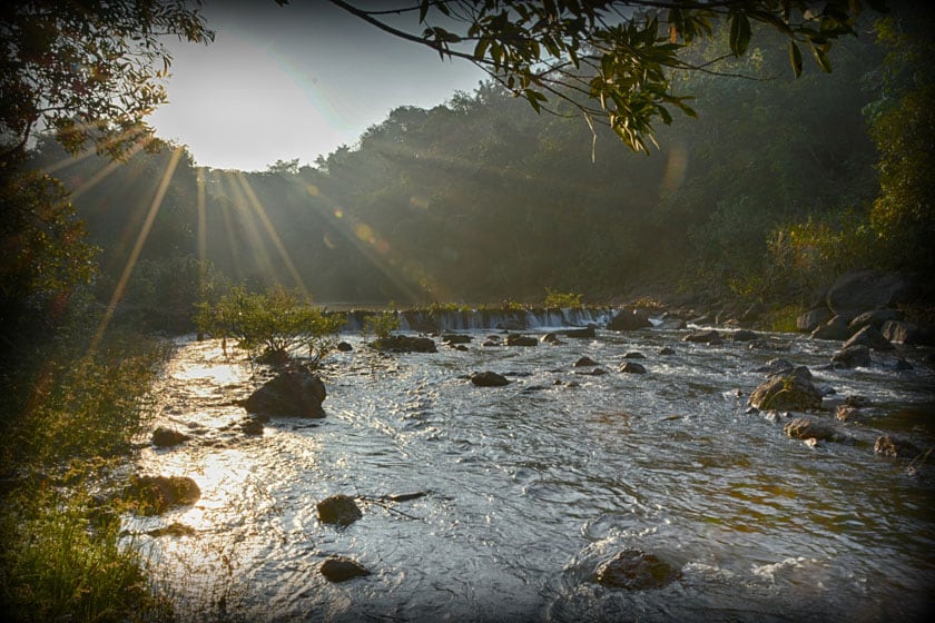 A serene river flows through a lush landscape, reflecting sunlight as it sparkles on the water's surface. Surrounding vegetation includes trees and rocks, creating a natural shoreline. Gentle ripples and small cascades can be seen, contributing to the tranquil atmosphere of the environment.