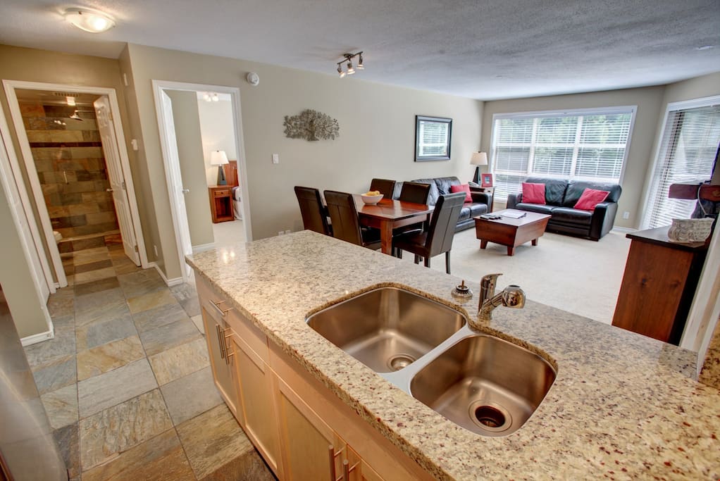 The kitchen features a beautiful marble countertop.