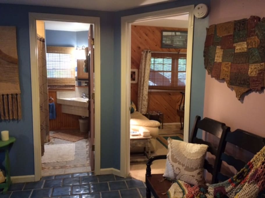 Bathroom with shower next to bedroom