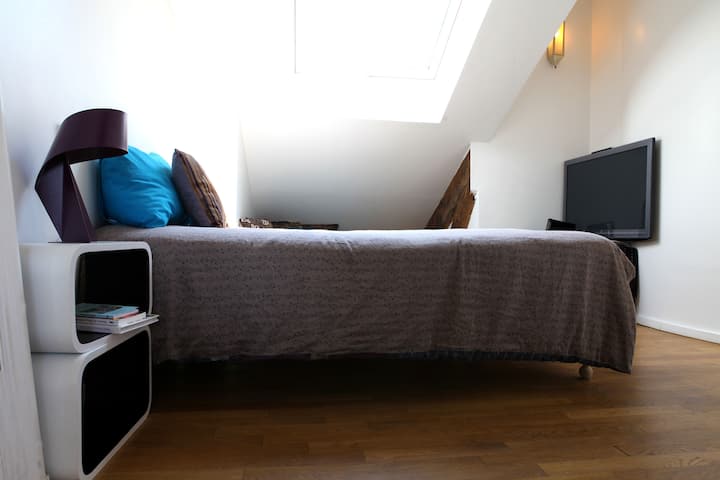 La chambre parentale est confortable et silencieuse avec un petit dressing.  
Une grande fenêtre velux avec des volets électriques pour vous protéger du soleil. Une petite salle de bain avec un puits de lumière fonctionnelle, grande baignoire. 