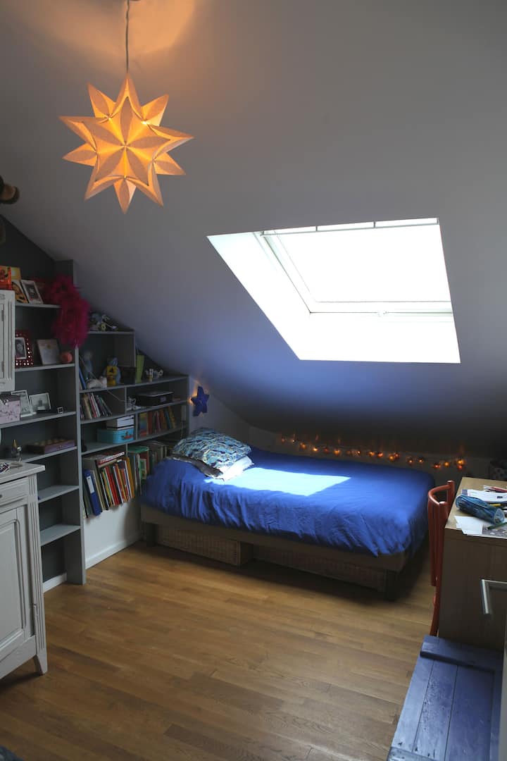 La jolie et confortable chambre des enfants ou des grands. Lumineuse et loin des bruits de la ville.
Des livres, un placard ou un dressing pour poser vos affaires. 
Des draps frais, un bureau, une grande fenêtre velux avec des volets électriques.