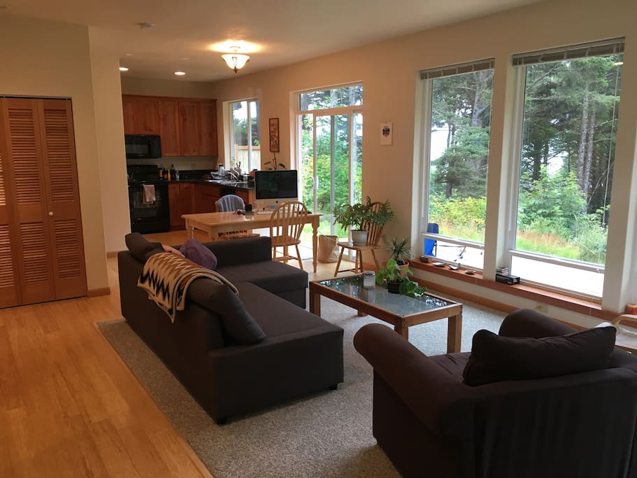 Living room. L-shaped couch can be turned into a bed.