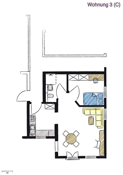 Grundriss No.3 mit Wohn-Essbereich, Schlafen, Kochen und Bad