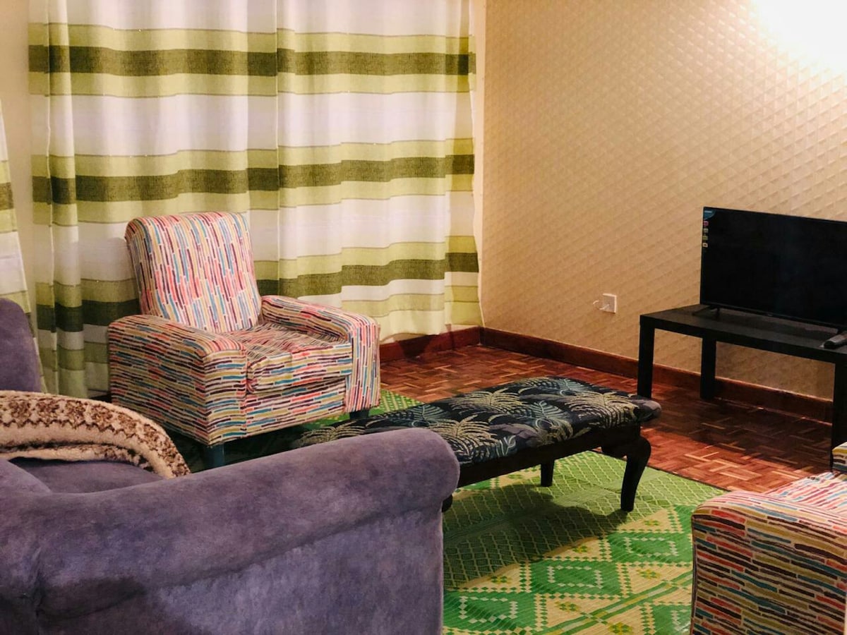 A cozy living area features multicolored striped armchairs and a dark coffee table, positioned on a green patterned rug. A television is set on a simple black stand, with soft lighting provided by nearby curtains that alternate between cream and green stripes.