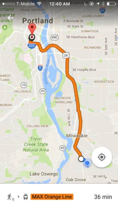Public transit travel time is...5-10 min walk to train station and 25 minutes to downtown Portland at PSU.