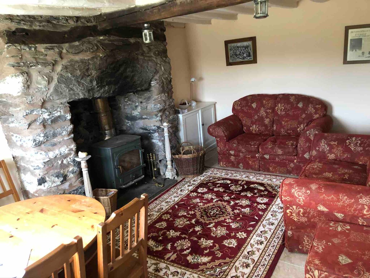 A cozy sitting area features a traditional stone fireplace with a wood burner, surrounded by two red upholstered sofas and a wooden dining table. A decorative rug lies on the floor, adding warmth to the space, while framed artwork decorates the walls.