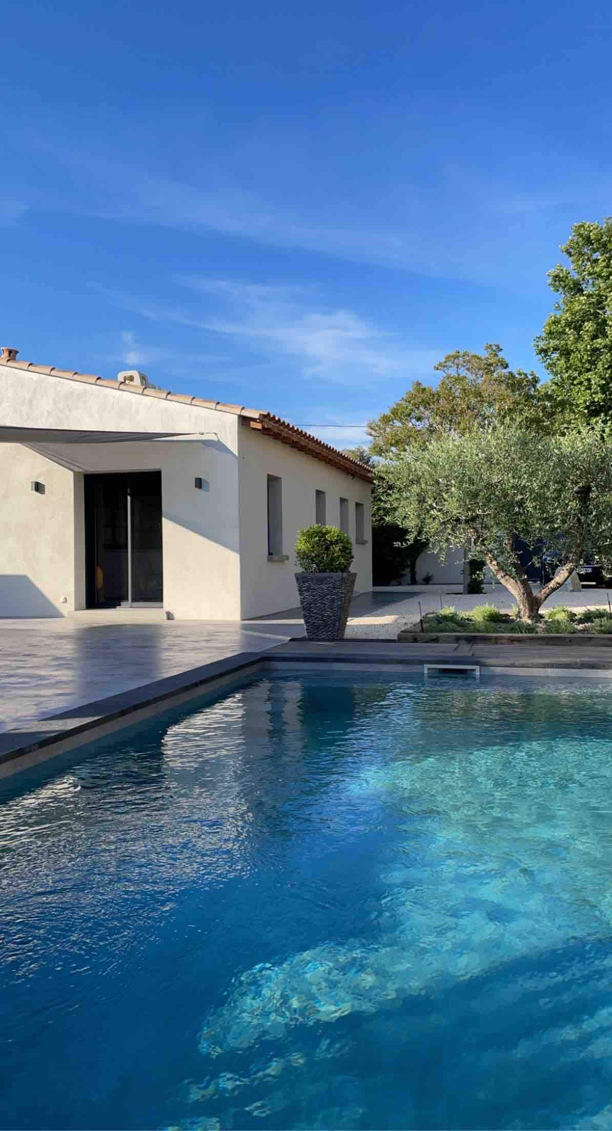A serene outdoor area features a private swimming pool, reflecting the clear blue sky above. The pool is bordered by a smooth stone deck, with several trees and landscaped foliage providing a natural setting. The house's exterior is minimalist, with large glass doors inviting light.