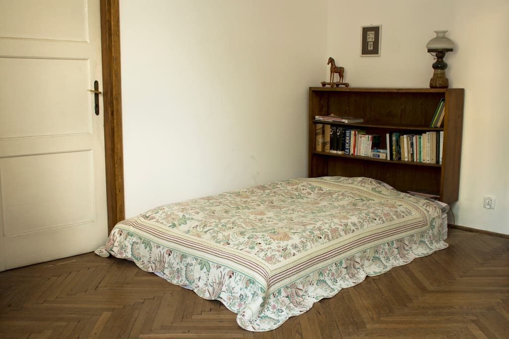 Bed for 2 and bookcase with interesting reading material
